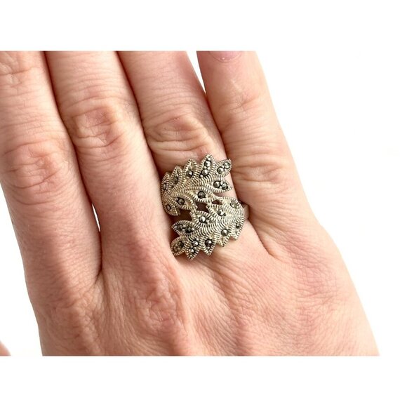 Art Deco Marcasite Foliage Bypass Shank Crossover Milgrain Vintage Ring - sz 7 - Picture 10 of 10